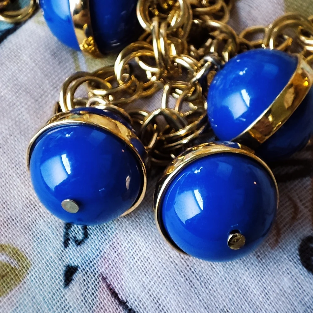 J. Crew Blue Balls Bauble Heavy Gold Tone Gumball Beaded Bands Beads Necklace